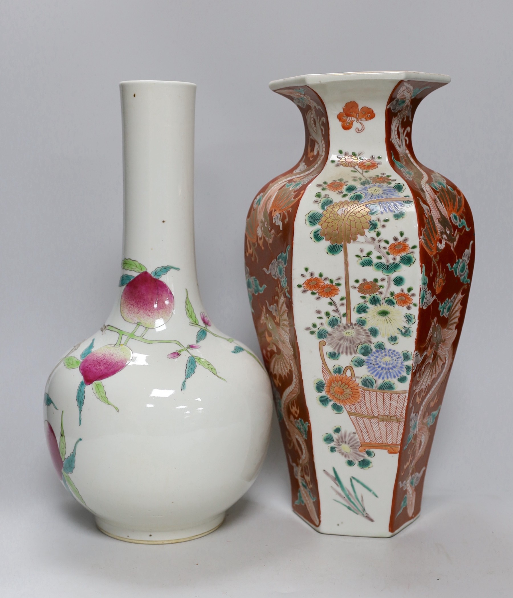 Two Chinese vases (one peach vase), tallest 37cm wide